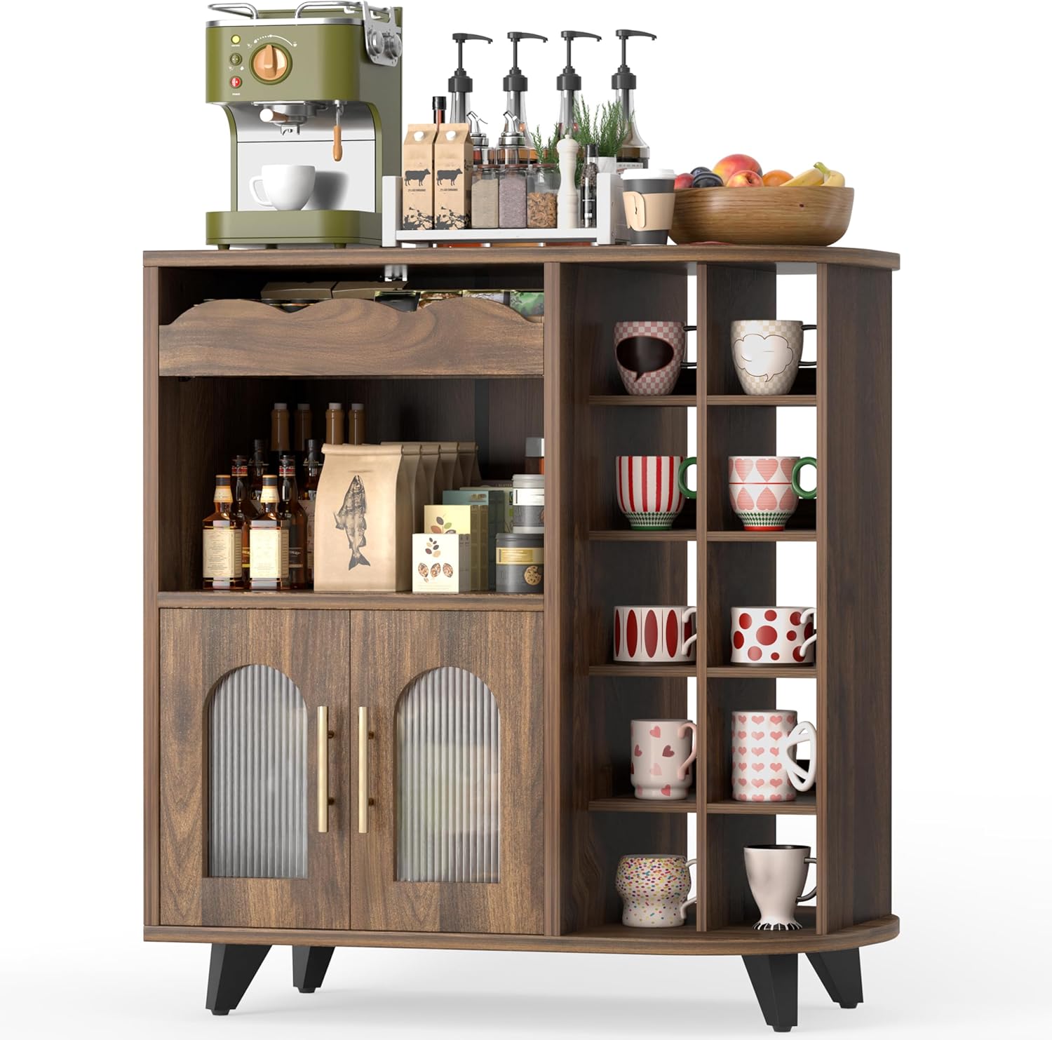 Kitchen Cabinet, Mobiletto Cucina con Porta Bicchierini Caff¨¨, Mobile Cucina con Ante, Armadio con Cassetto, Coffee Bar Station per Macchina da Caff¨¨, Tazzine da Caff¨¨ (40x80x91 cm)