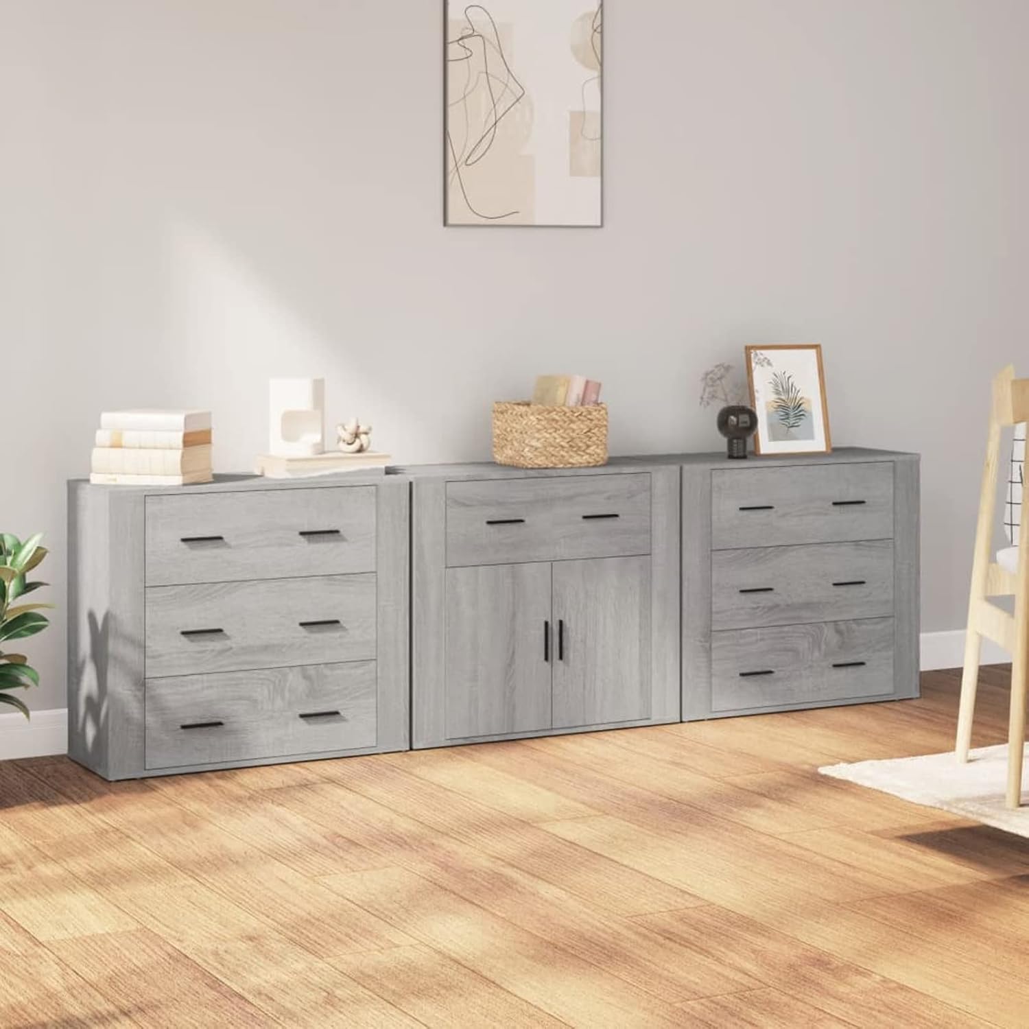 Gecheer Credenze 3 pz Grigio Sonoma in Legno Multistrato,Credenza Living Room Cucina,Arredamento da Cucina,Credenza Combinato,Mobile Credenza,Convenienza Madia,Tavolo da Buffet,Mobiletto Multiuso