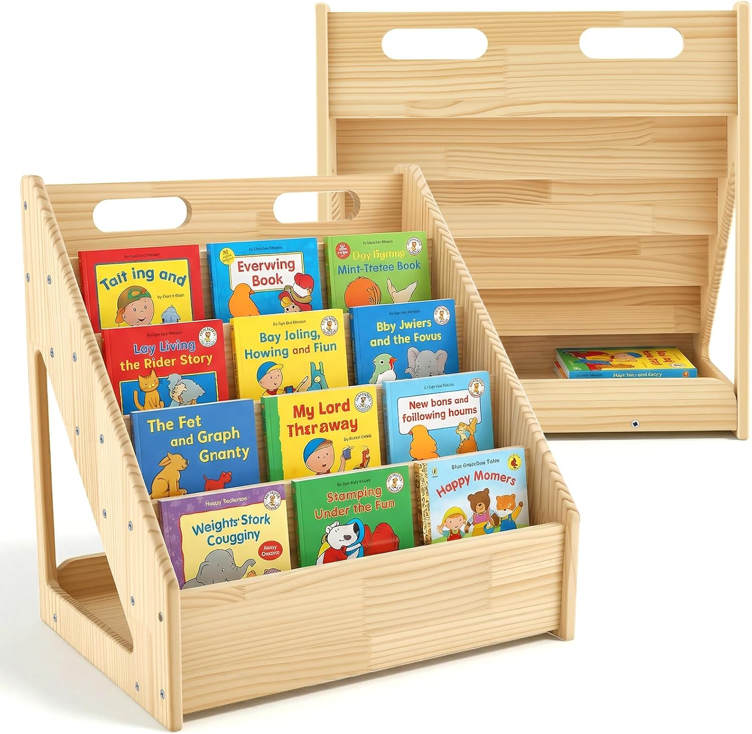 Scaffale Montessori per Bambini, Libreria a 4 Ripiani Orientata Verso l¡¯Anteriore, Scaffale Retro Pratico Contenitore, in Legno di Pino Stabile, per Living Room, Bambini 41,9x30,4x41,9cm