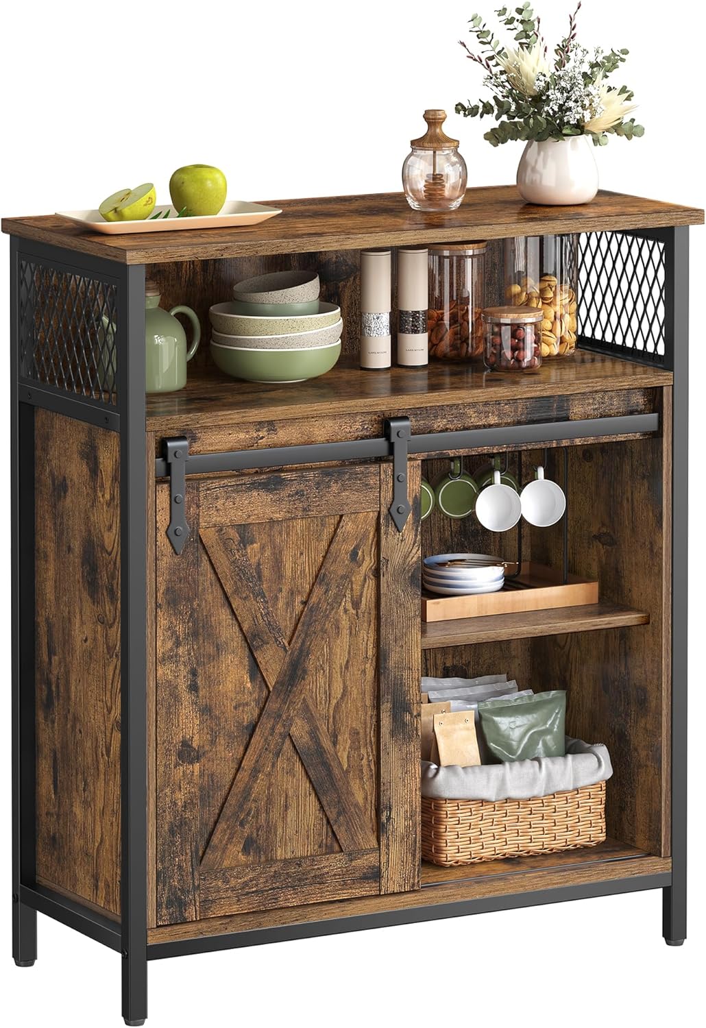 Credenza, Mobile da Cucina, Armadietto Organizzatore, con un'Anta Scorrevole, 30 x 70 x 80 cm, Ripiani Regolabili, Stile Country, per Living Room, Marrone Vintage e Nero Inchiostro LSC089B01
