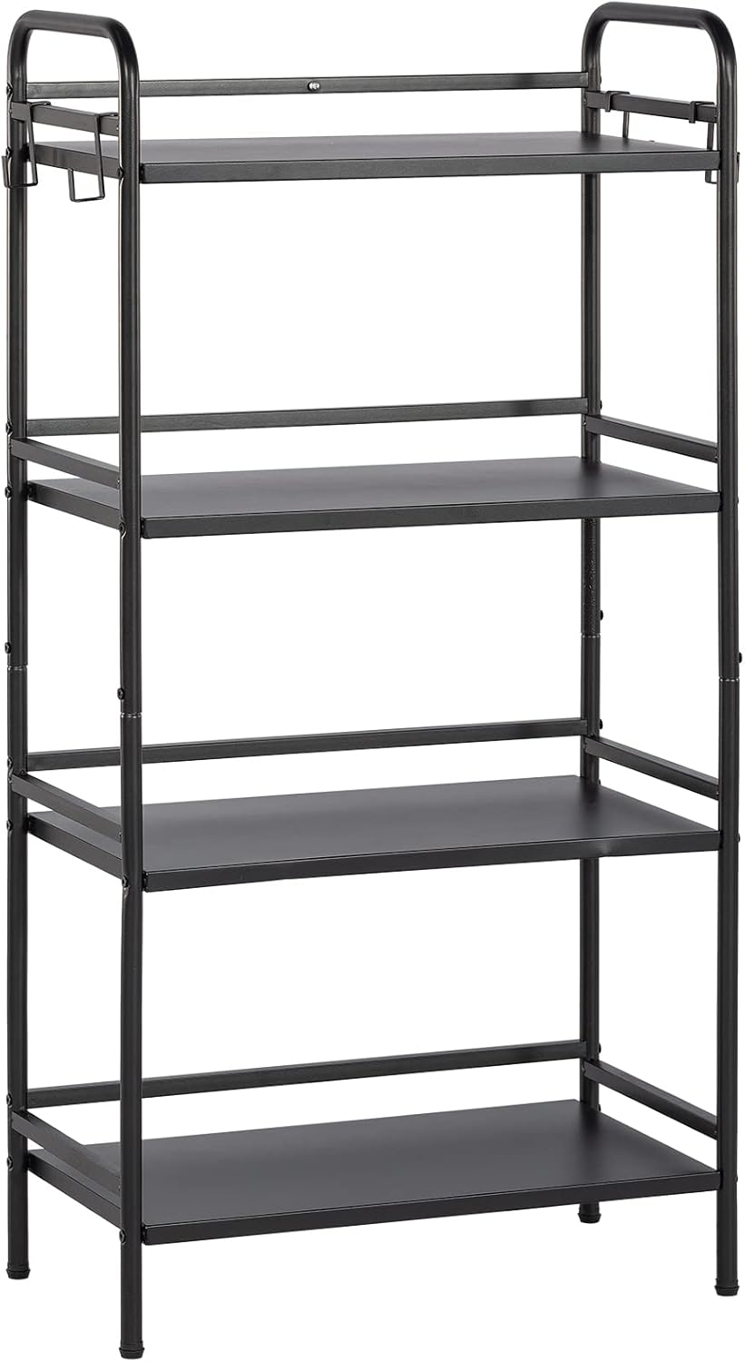 HDANI Libreria a 5 Ripiani in Metallo,Scaffale per Libri da Pavimento,Organizzatore Portaoggetti,con 4 ganci,er Bagno Living Room Bedroom Studio (Nero, 4 Livelli(60¡Á35¡Á126,5cm))