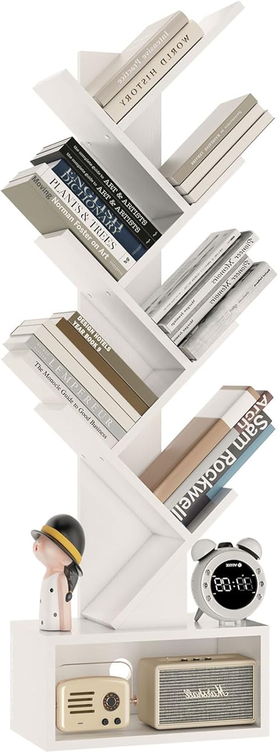YMYNY Libreria ad Albero, Scaffale a 6 Ripiani, Libreria alta con Cassetti, Moderna Autoportante Libri, Salvaspazio Legno Portaoggetti Librerie per Living Room, Studio, Ufficio, Bianco HBC016W