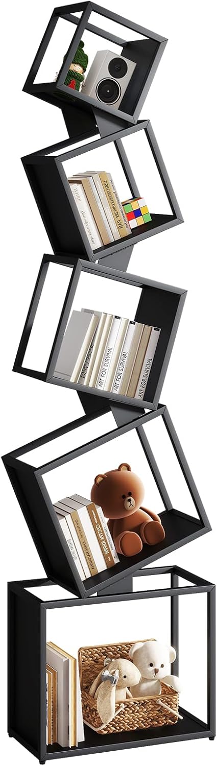 YMYNY Libreria a Cubi, Scaffale in Metallo con 5 Livelli, Alto 180 cm, Libri moderni verticali, Scaffale Portaoggetti Aperto, Geometrico, per Living Room, Bedroom, Studio, Nero HBC007B