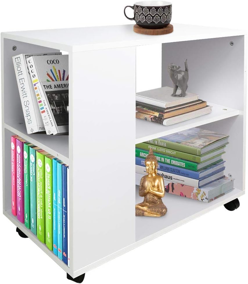 BAKAJI Libreria Bassa Scaffale 5 Ripiani con Ruote in Legno Antigraffio con strato Melaminico Tavolino Laterale Divano Design Moderno per Living Room Salotto Casa o Ufficio (Bianco)