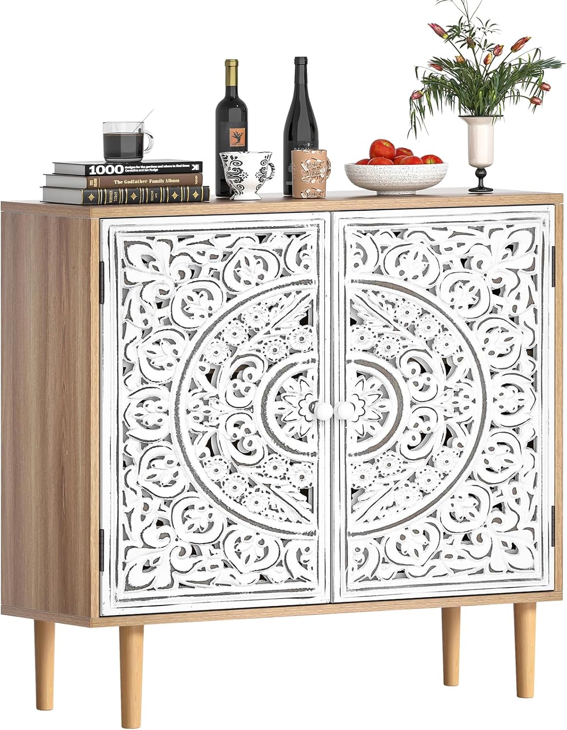 Credenza Vintage, Decorativo Intagliato Mobile da Cucina Con Ripiani Regolabili, Mobile Living Room in Legno, Credenza Bassa Cucina per Living Room, Sala da Pranzo, Corridoio 80 x 35 x 79 cm