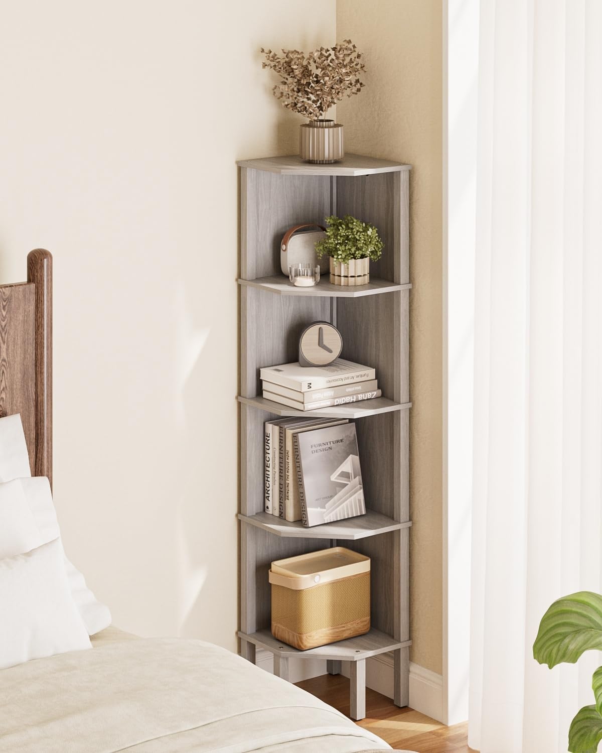 Libreria Angolo con 5 Livelli, Corner Regalo, Piante Regalo, Visualizzazione Aufbewahrungsregal f¨¹r Wohnzimmer, Ufficio, Camera da letto, 127x29x29cm, Grigio