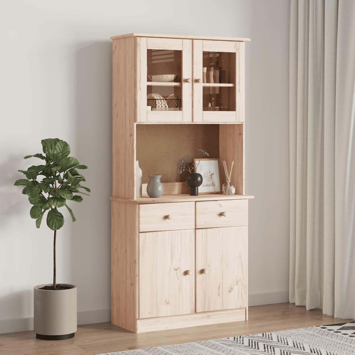 Gecheer Credenza Alta 77x35x165 cm Legno massello di pino, Mobile portaoggetti con ripiani, cassetti e ante vetrate, cassettiera con ripiani armadio laterale da cucina per soggiorno, camera da letto