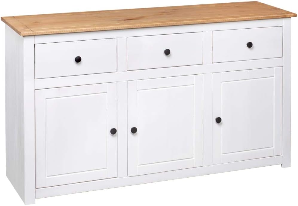 Festnight Credenza Moderna in Legno Massello di Pino Bianco Naturale, Con Cassetti e Ante, Classica da Salotto e Living Room, 135x40x80 cm