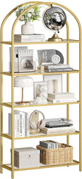 Scaffale Portaoggetti a 5 Ripiani, Libreria Scaffale in Vetro Temperato, Design ad Arco, Struttura in Metallo, per Living Room Bedroom Studio Bagno, Dorato e Trasparente LGT050A01