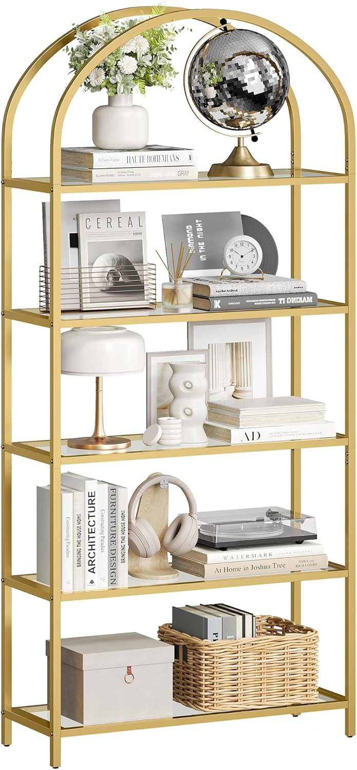 Scaffale Portaoggetti a 5 Ripiani, Libreria Scaffale in Vetro Temperato, Design ad Arco, Struttura in Metallo, per Living Room Bedroom Studio Bagno, Dorato e Trasparente LGT050A01