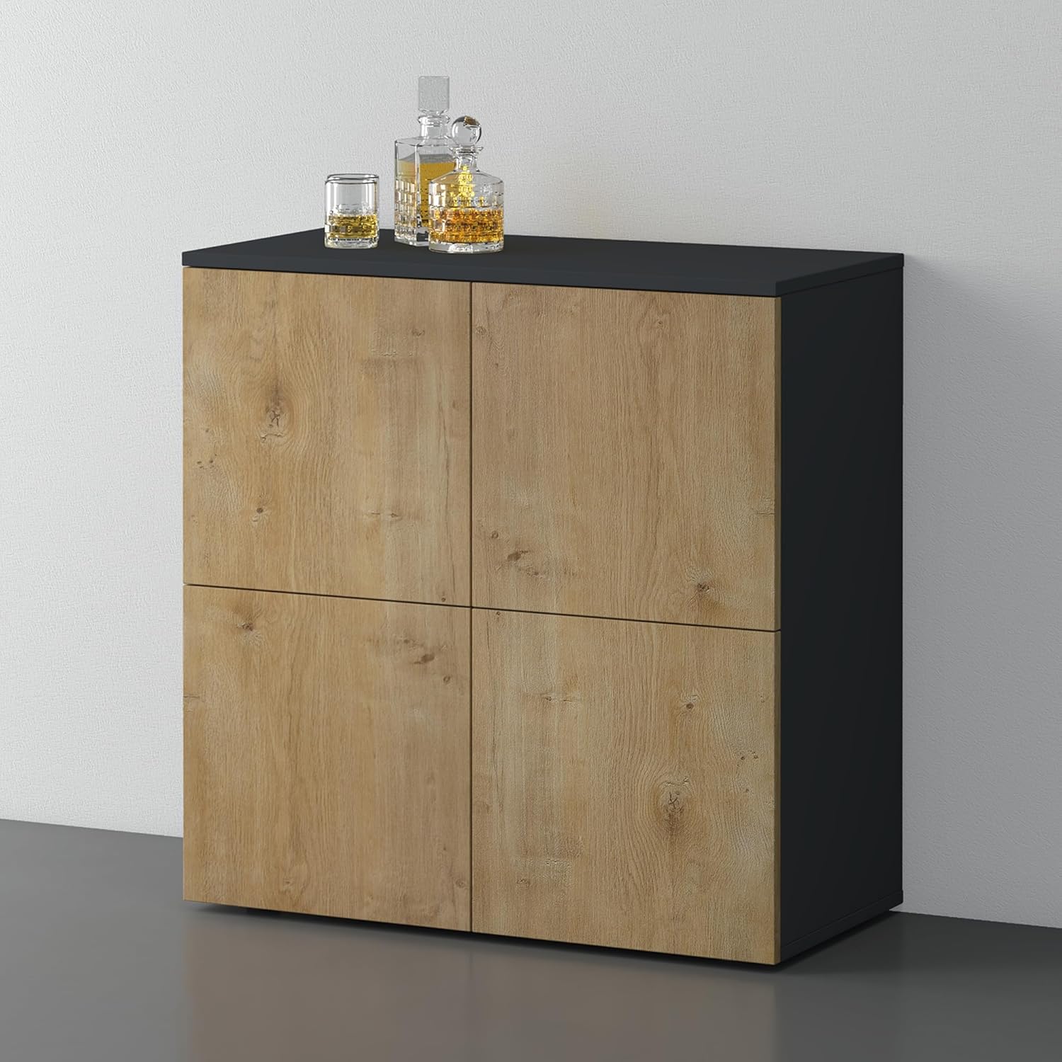 doporro Mobile Organizzatore Credenza Buffet in Legno con 4 Ante Push-to-Open e Soft-Close per Living Room, Sala da Pranzo o Ingresso, 76x36,4x76 cm Antracite opaco e Marrone chiaro Schrank04