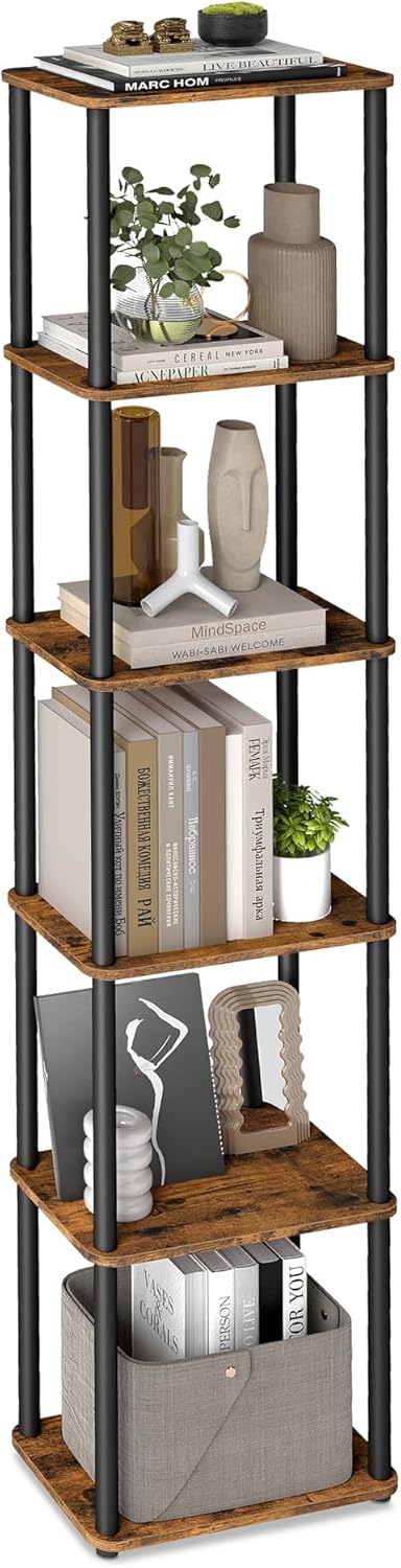 Montaggio Super Veloce Senza Attrezzi, Scaffale Portaoggetti a 6 Ripiani, Autoportante, 23,8 x 38 x 173,4 cm, Living Room, Bedroom, Cucina, Marrone Vintage e Nero Inchiostro LLS136K01