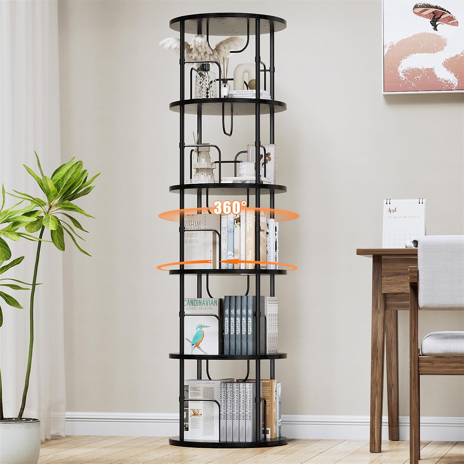 Libreria Girevole a 360¡ã, Verticale in Legno, 5 Ripiani, Livelli Regolabili, Portaoggetti, per Uffici e Soggiorni, 45¡Á45¡Á160 cm, Nero