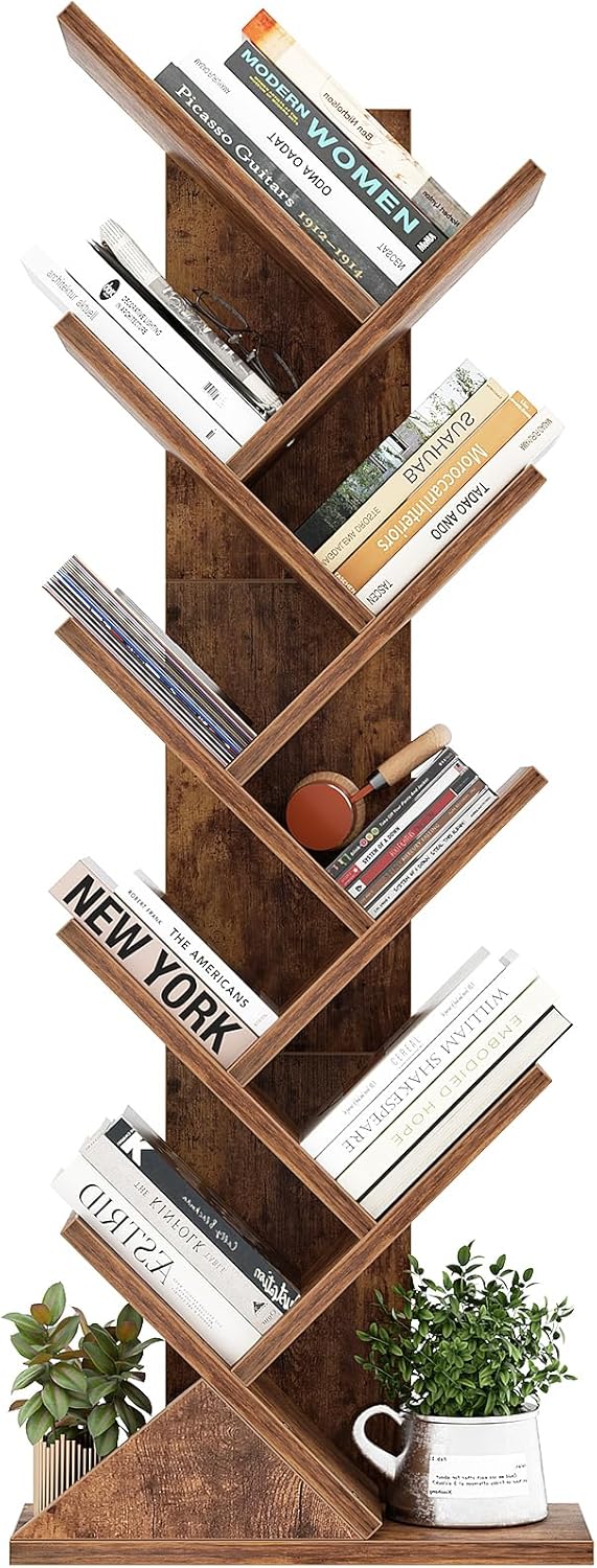 iSunirm Libreria ad Albero,Libreria Scaffale a 9 Ripiani,Mobile da Studio per Libri, CD,Moderna Autoportante Libri per Living Room, Studio, Ufficio,Marrone Vintage