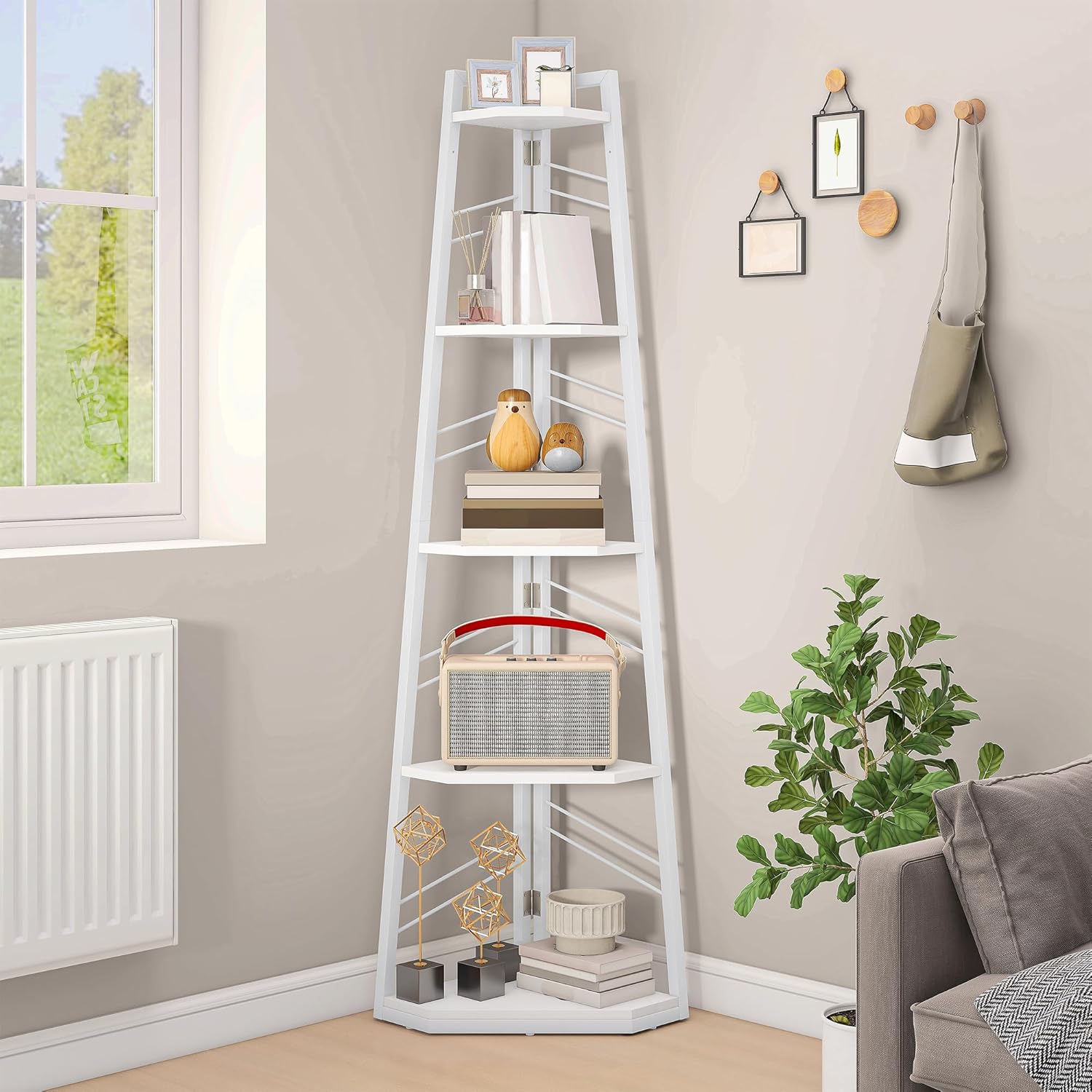 DWVO Scaffale angolare a 5 ripiani, libreria angolare con telaio in metallo, libreria industriale a scala da pavimento, scaffale alto per soggiorno, cucina, camera da letto, scaffali per libri bianco