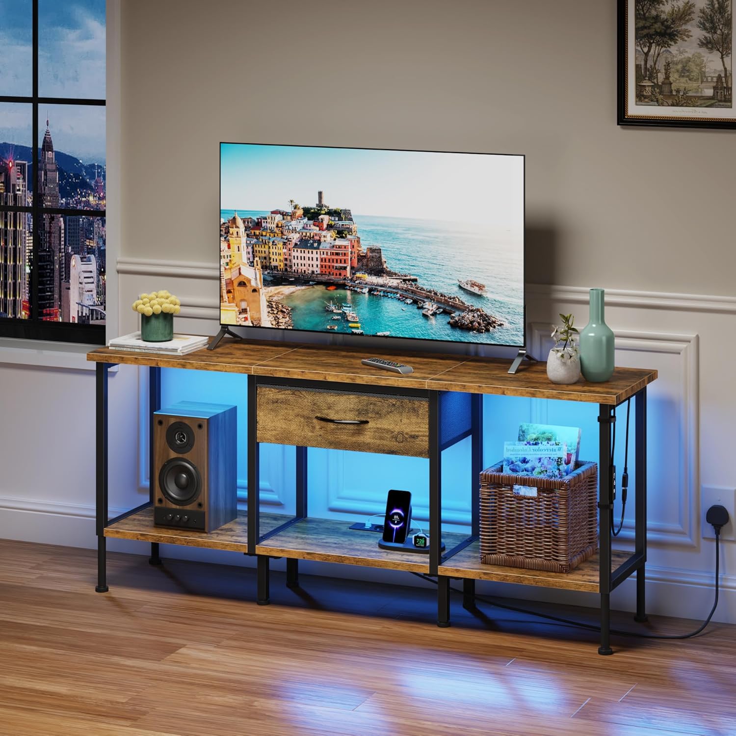 Mobile TV con Presa, Supporto TV con Illuminazione a LED, Cassetto in Tessuto e Ripiani Aperti, 120 x 30 x 51 cm Mobile TV per TV fino a 55¡å per Living Room e Bedroom, Marrone Rustico