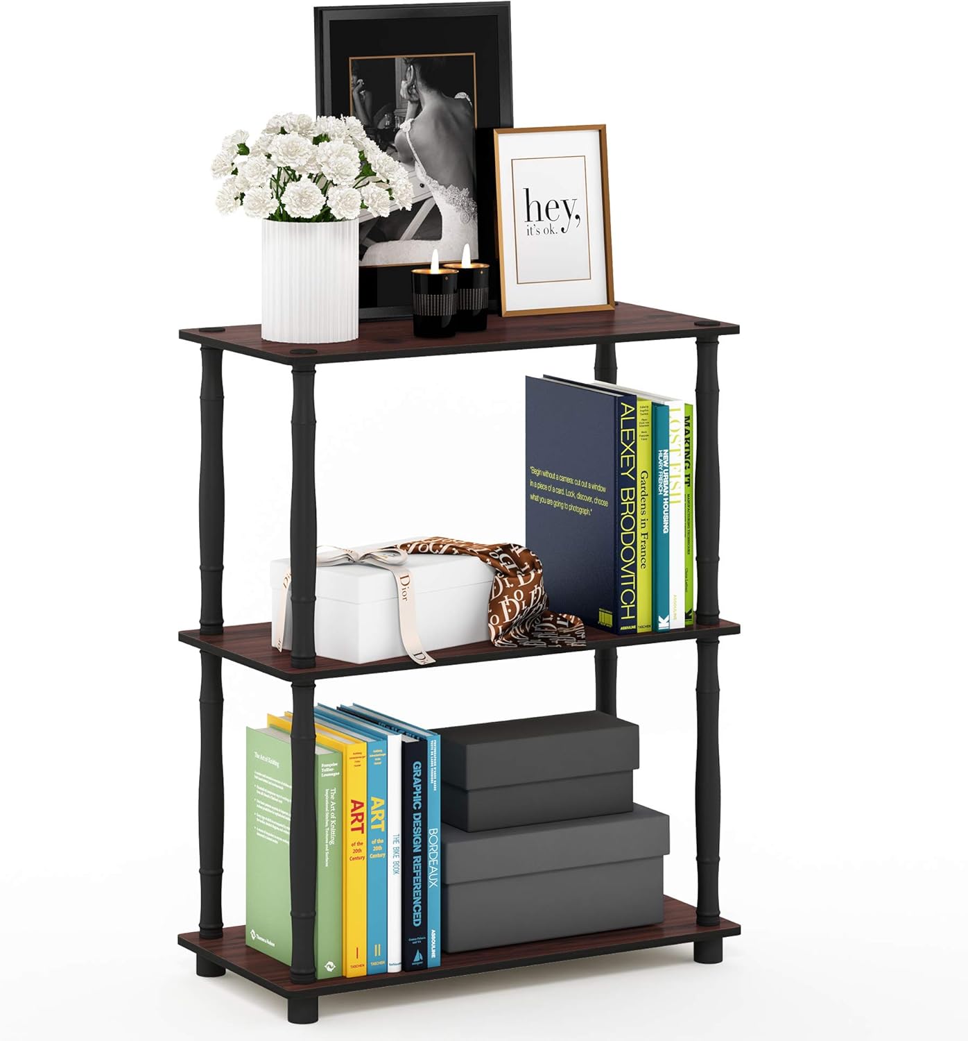 Furinno Scaffale Multifunzione 3 ripiani Dark Cherry/Black Tubi classici
