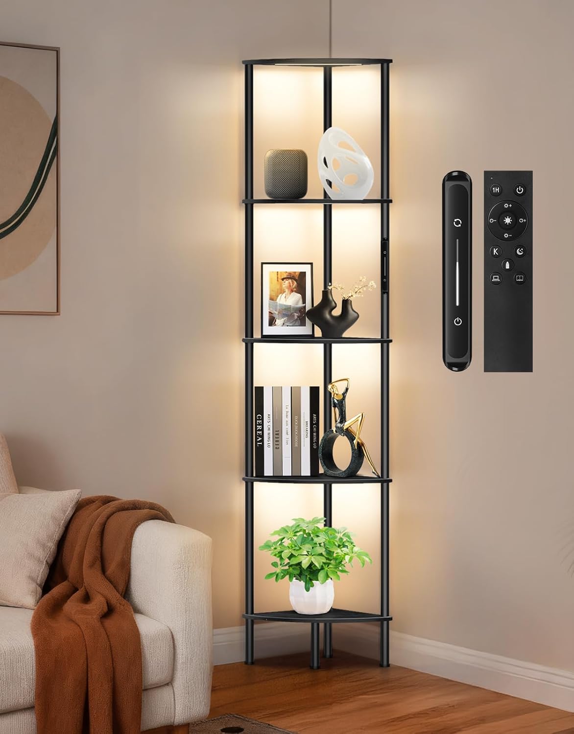 Libreria con Scaffale in Legno a 5 Ripiani e Luce LED Dimmerabile, Touch e Telecomando, 3 Temperature di Colore, Timer 1h, Lampada da Terra per Living Room, Camera o Ufficio