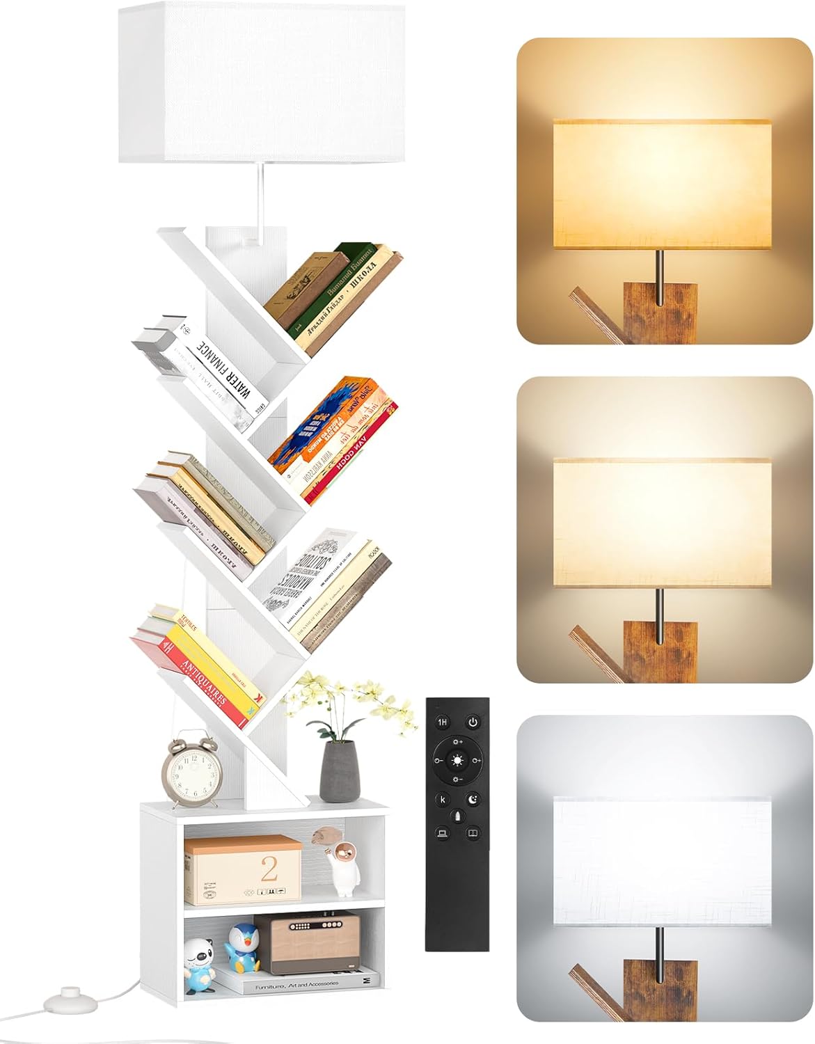 Libreria a Forma di Albero in Legno con Luce, Scaffale Autoportante a 9 Ripiani ad Angolo con Mobiletto ¨C Libreria Salvaspazio per Libri, CD, per Living Room, Studio, Ufficio(Bianco)