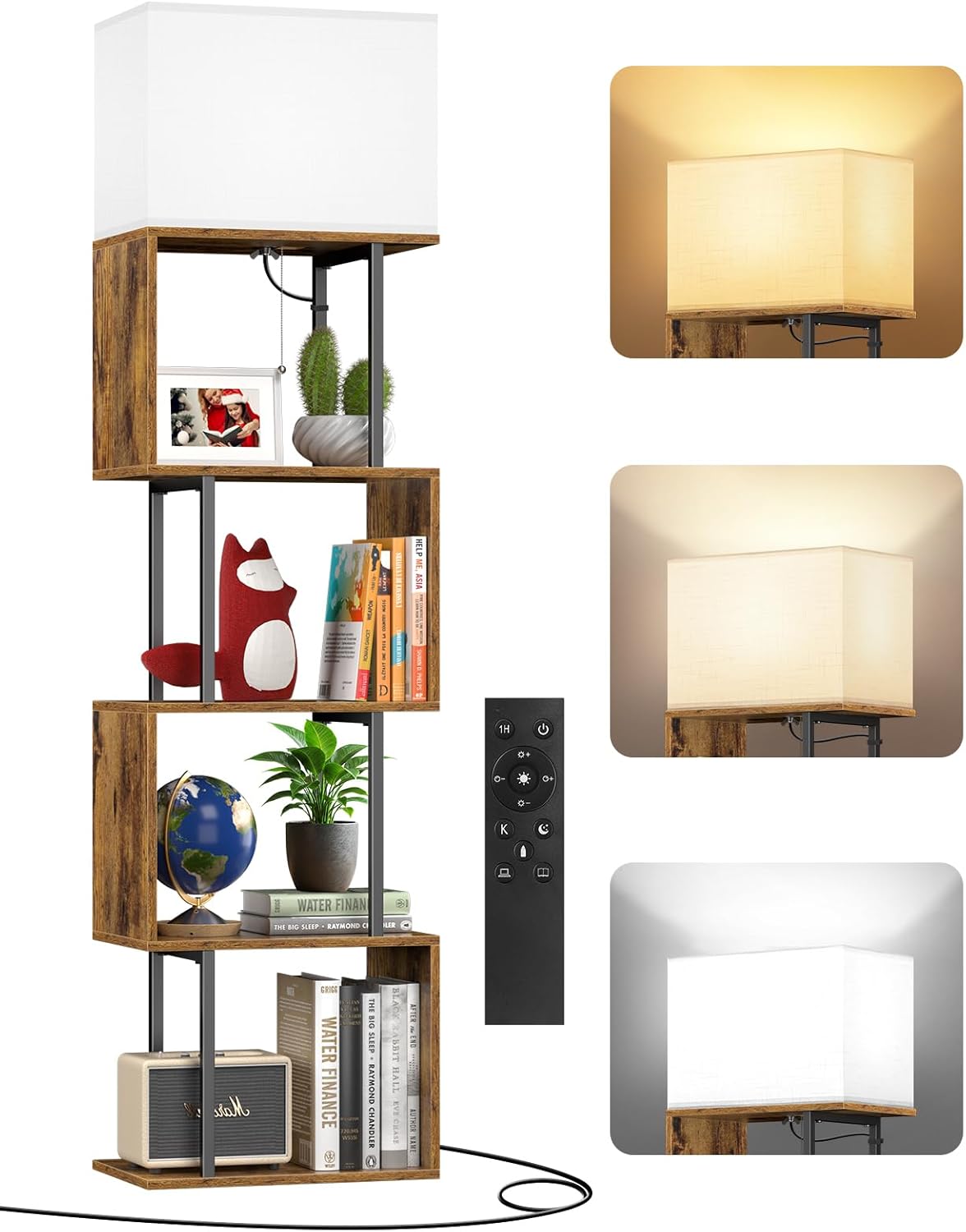 Libreria a Forma di S con 5 Ripiani e Lampada da Terra Dimmerabile, 3 Temperature di Colore, Timer da 1 Ora e Telecomando, Design Moderno per Living Room, Bedroom e Ufficio