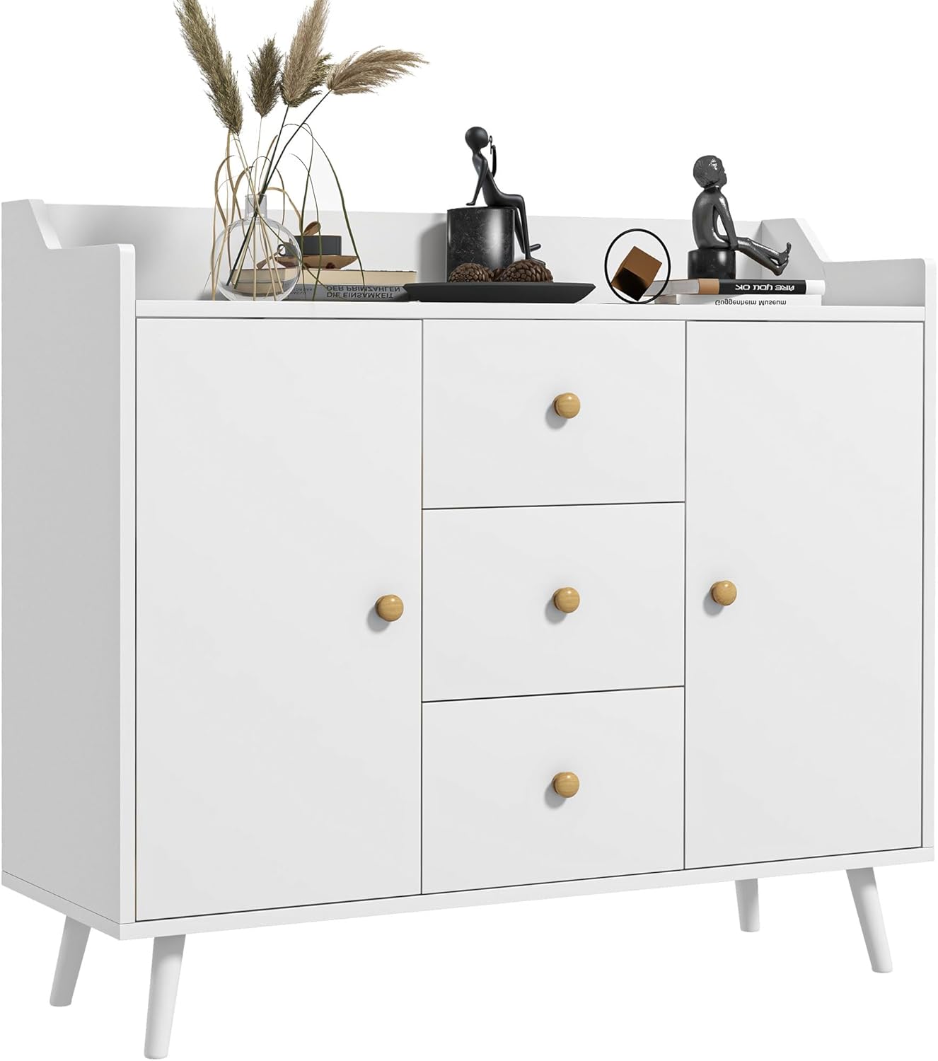 HOMCOM Credenza da soggiorno moderna credenza da cucina con 2 ante 3 cassetti e gambe in legno di pino per sala da pranzo, corridoio, camera da letto, 90 x 32 x 80 cm, bianco