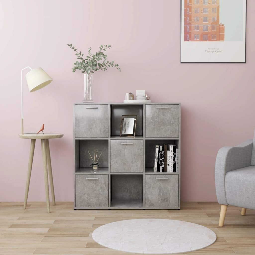 Libreria Mobile, scaffale a muro con 9 scomparti, 5 ante, dimensioni 90x30x90 cm, legno multistrato, grigio cemento, per soggiorno, camera da letto, camera dei bambini, ufficio, documenti, libri, DVD