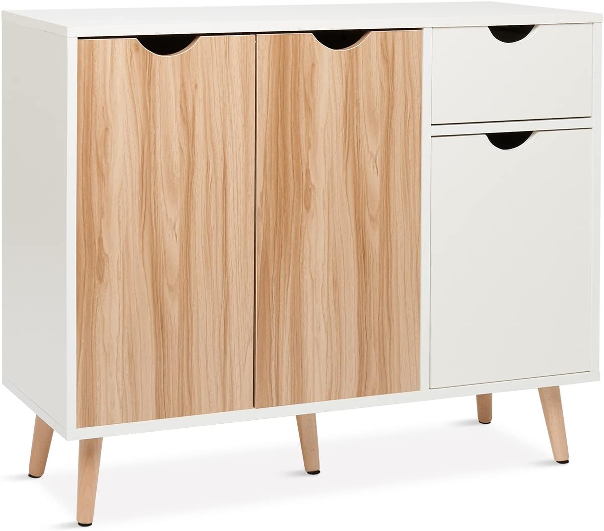 Mondeer Madia Moderna, Credenza Cucina con 3 Ante 1 cassetti per Living Room Cucina Corridoi, Colore del Legno e Bianco 90 x 30 x 73 cm